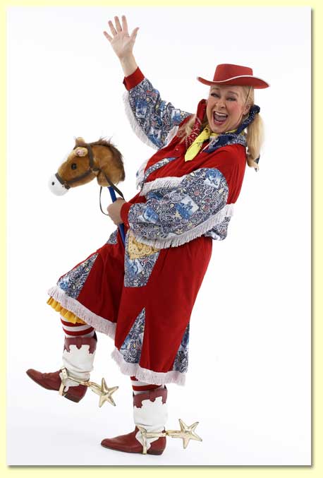 Photograph of Bucky the Cowgirl riding Gitalong, a stick horse.