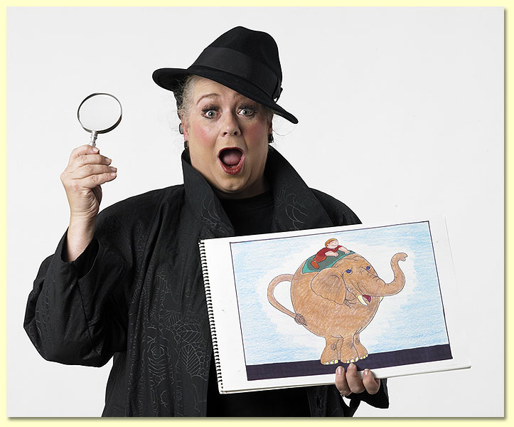 Pic of Imma Sleuth, an MCP character for the 2012 Texas Library association summer reading program, holding a drawing of an elephant.