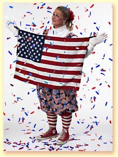 Picture of Margaret Clauder dressed as Patriotic Patty, a school show entertainer, ventriloquist, and puppeteer.