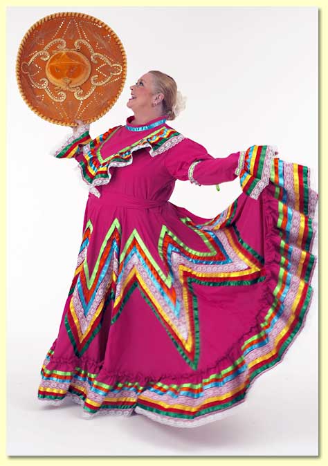 Picture of Margaret Clauder dressed as Senorita Margarita in a Jalisco region dress, holding a sombrero.